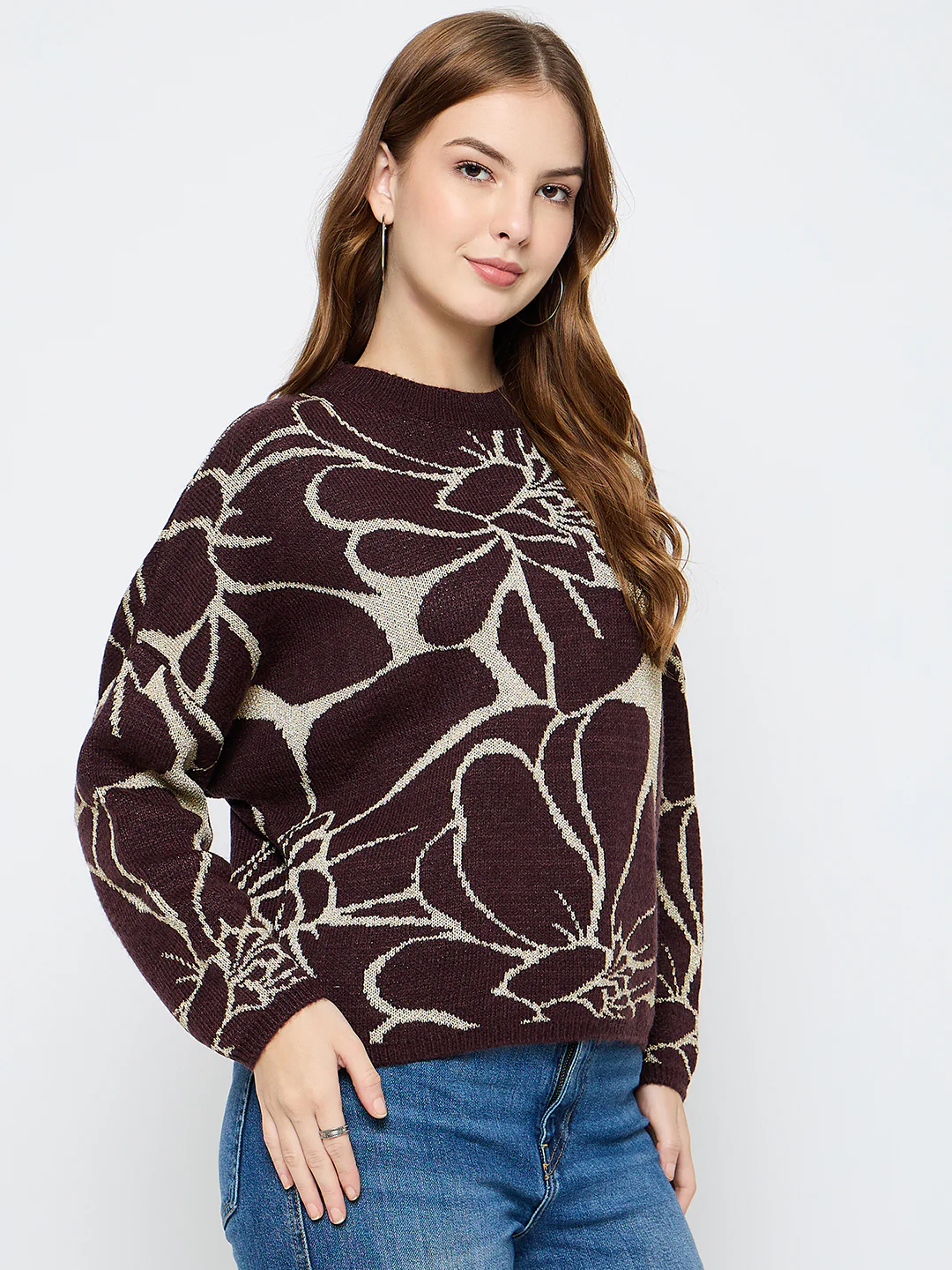 Madame Floral Print Coffee Brown Sweater - Image 4