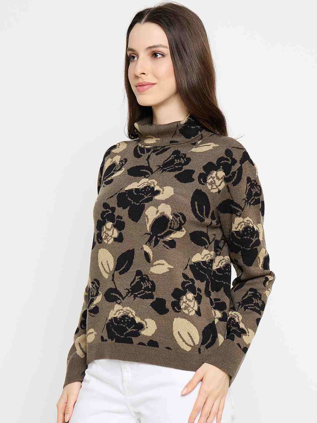 Madame Floral Print Turtleneck Olive Green Sweater - Image 5