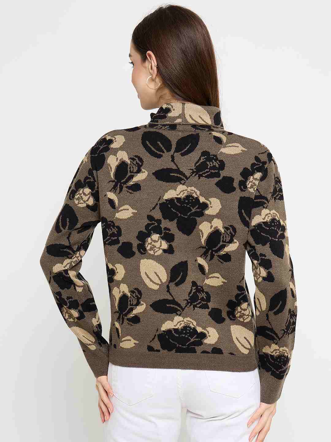 Madame Floral Print Turtleneck Olive Green Sweater - Image 6
