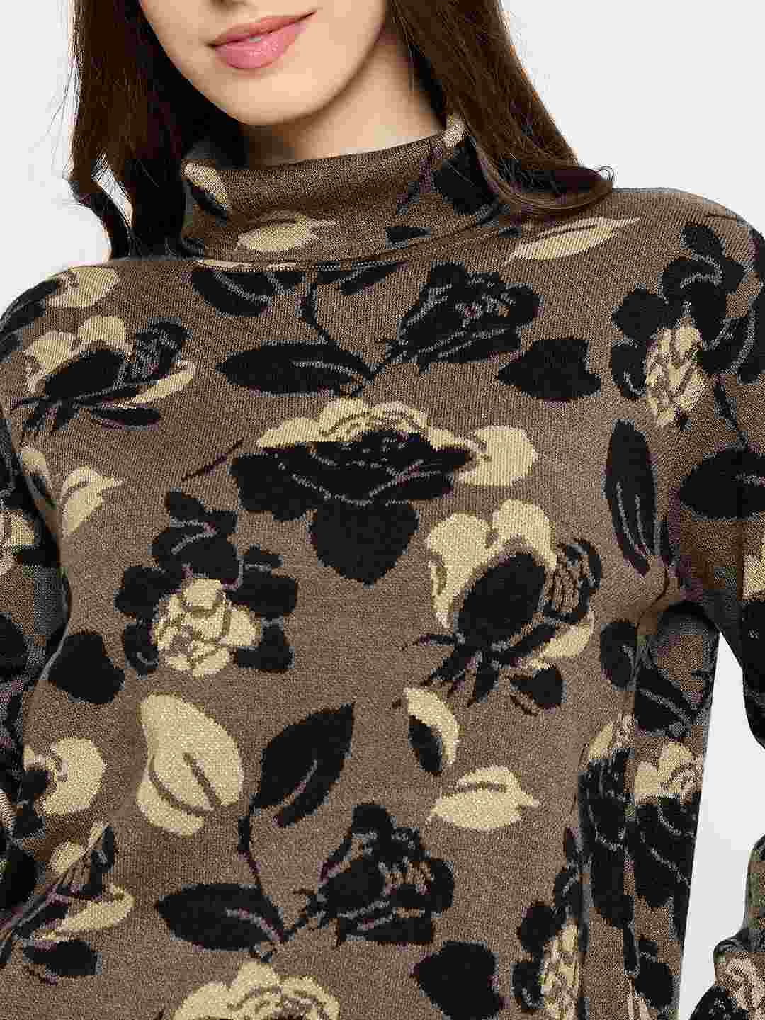 Madame Floral Print Turtleneck Olive Green Sweater - Image 7