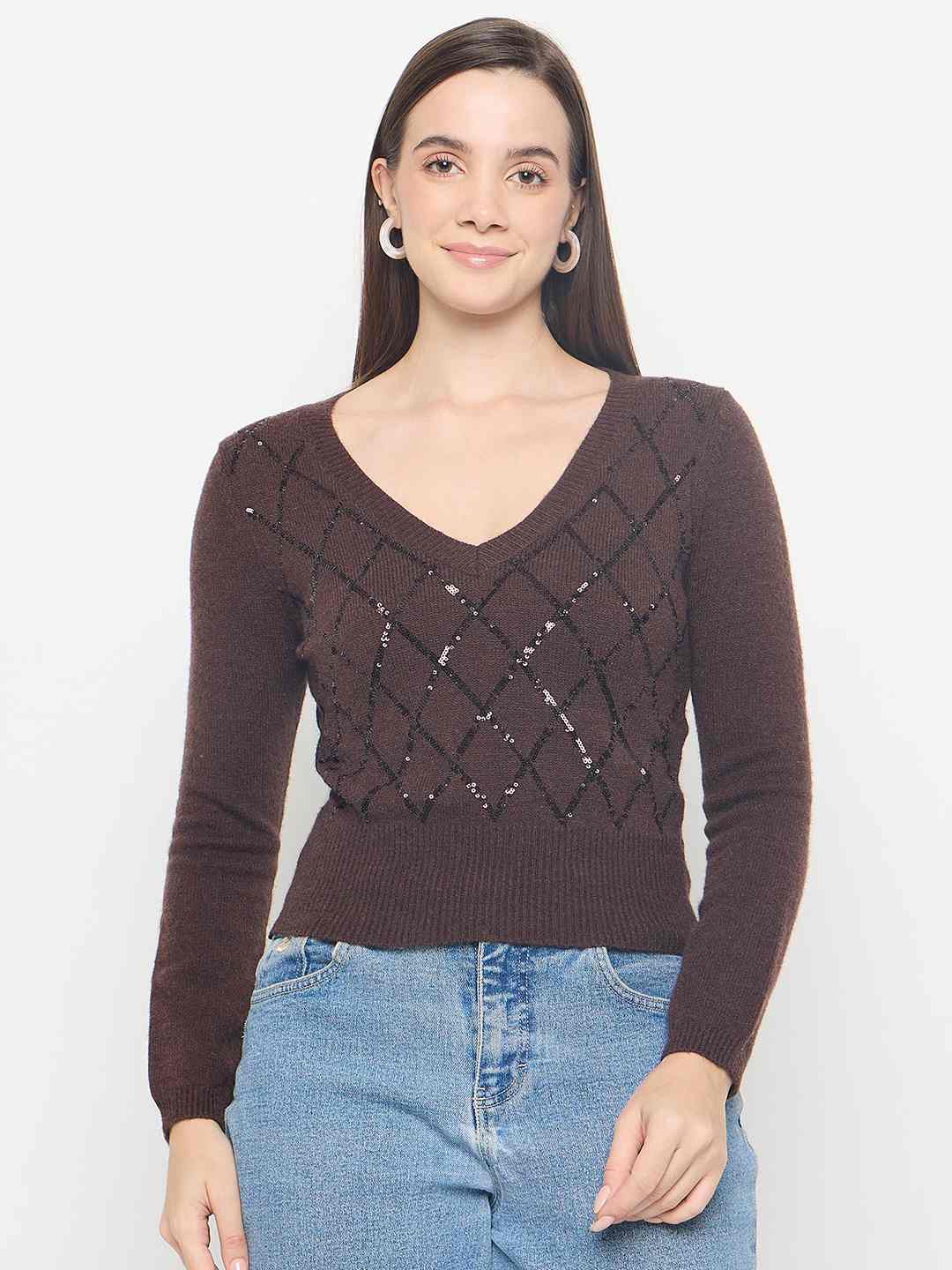 Madame Embellished Chocolate Brown Crop Sweater - Image 3