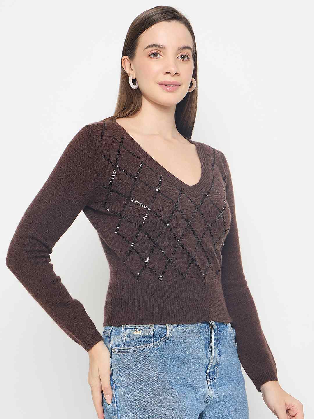Madame Embellished Chocolate Brown Crop Sweater - Image 4