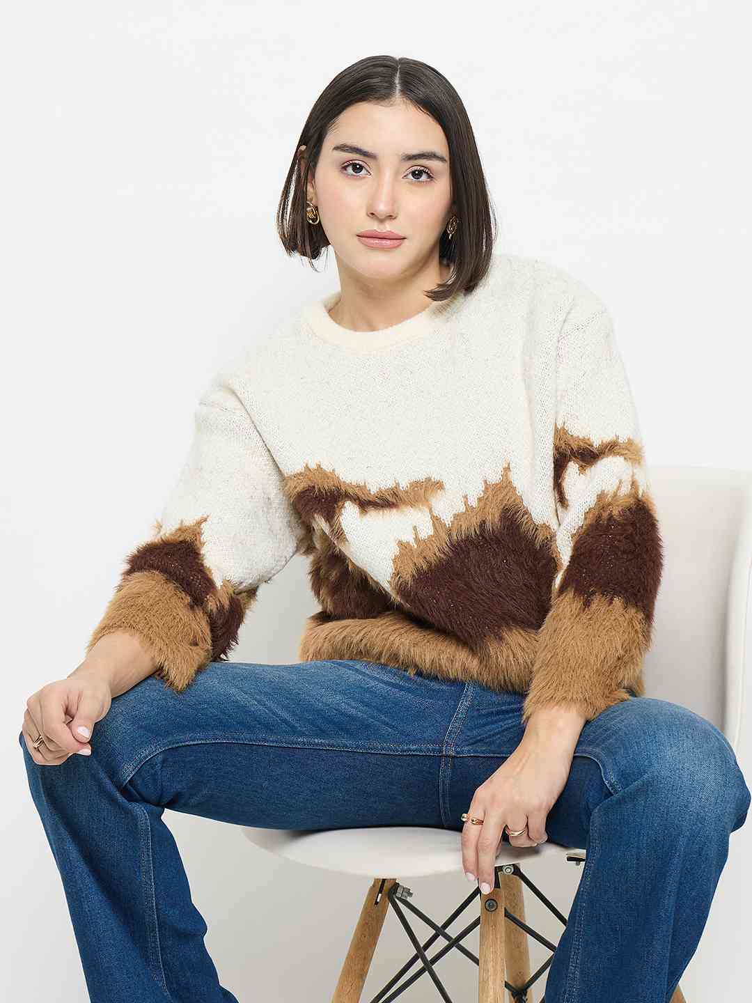 Madame Abstract Pattern Camel Brown Sweater