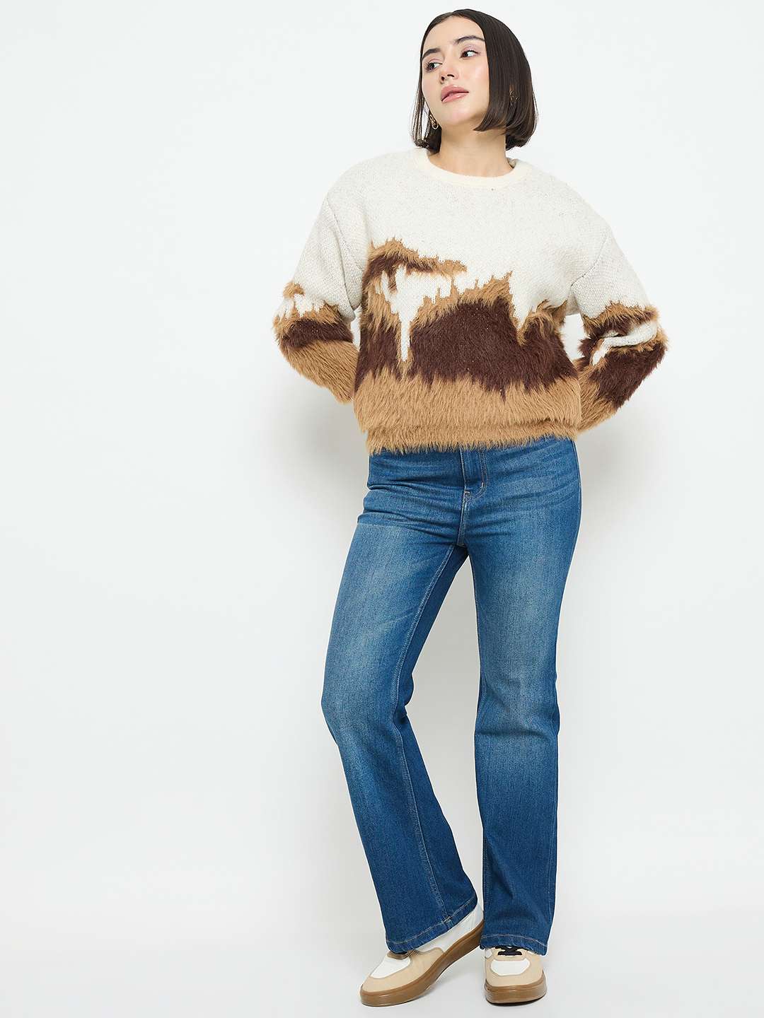 Madame Abstract Pattern Camel Brown Sweater - Image 2
