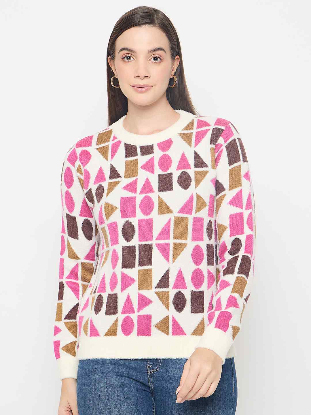 Madame Geometric Print Acrylic Blend Multicolor Sweater - Image 3