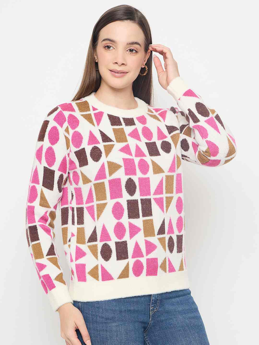 Madame Geometric Print Acrylic Blend Multicolor Sweater - Image 4