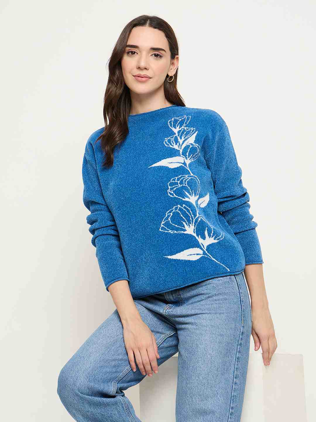 Madame Floral Print Blue Pullover Sweater