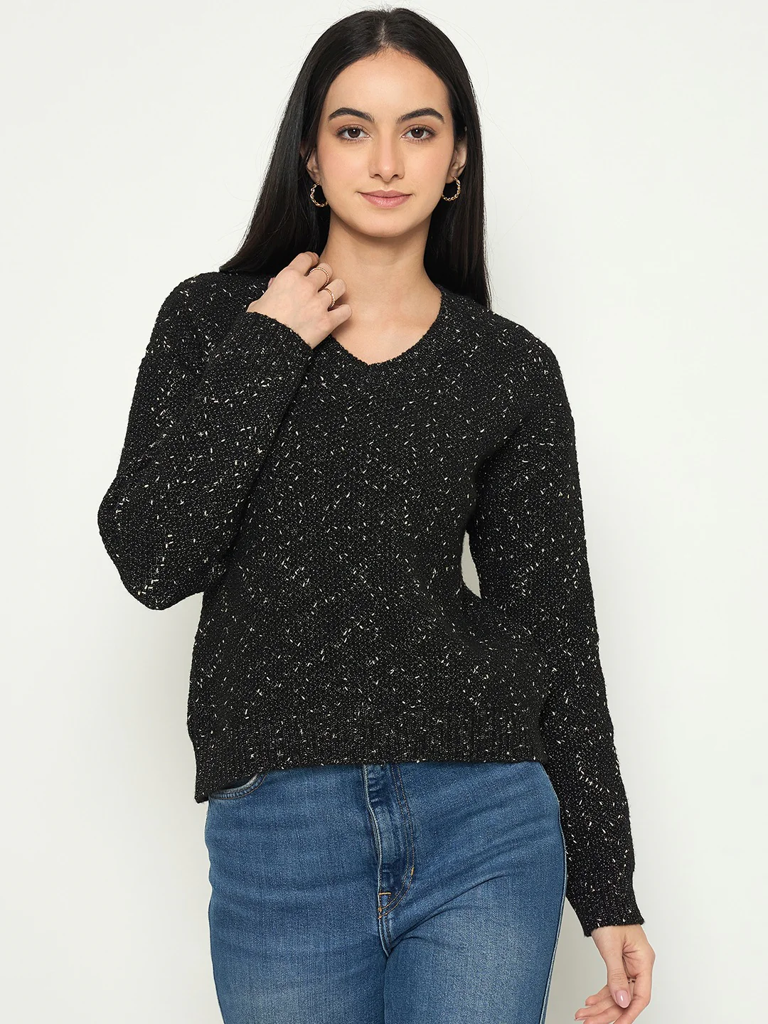 Madame Embellished Black Round Neck Sweater