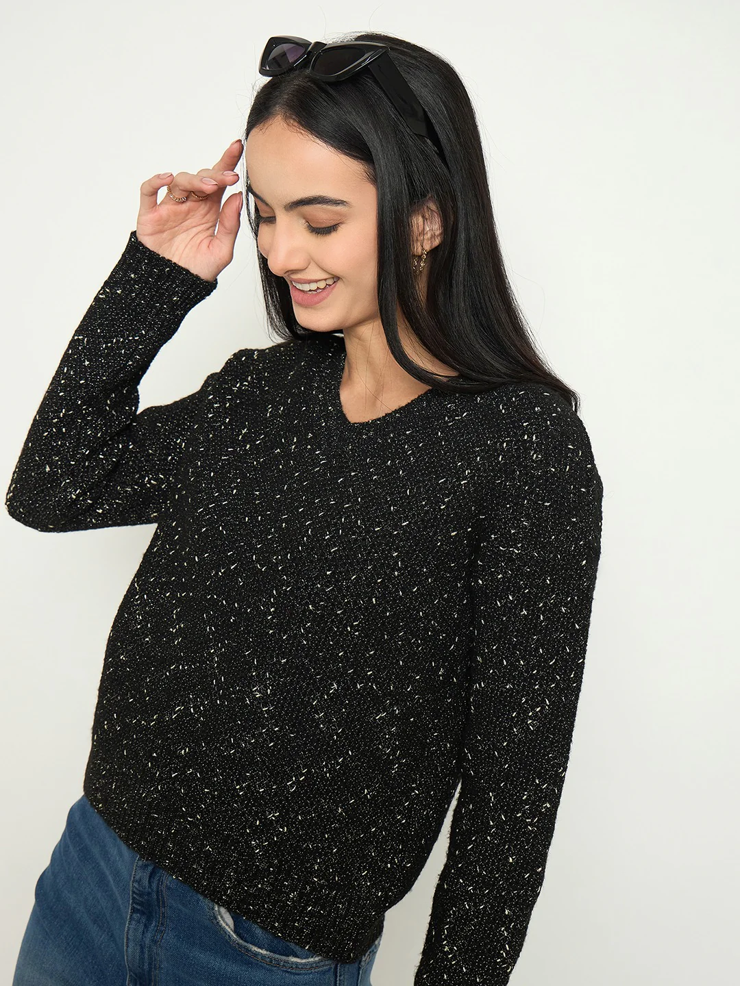 Madame Embellished Black Round Neck Sweater - Image 3