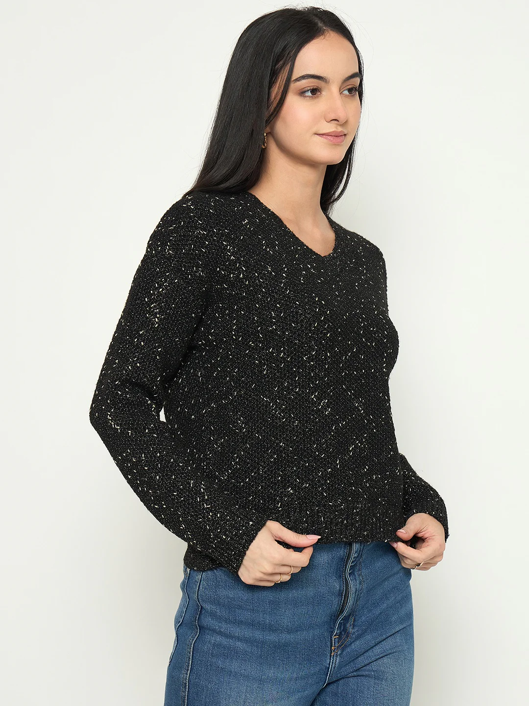 Madame Embellished Black Round Neck Sweater - Image 4