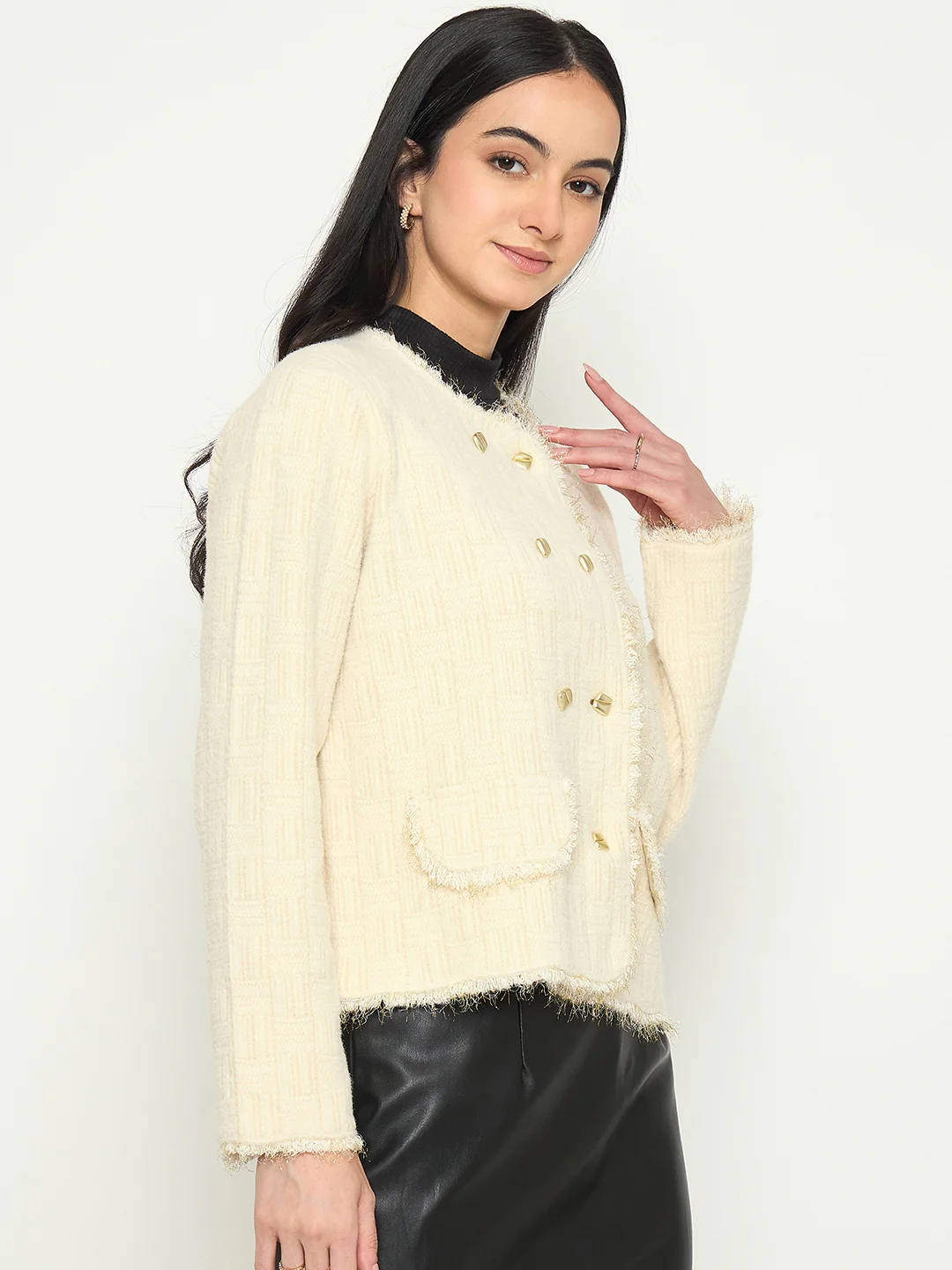 Madame White Cardigan with Buttons and front pockets - Image 4