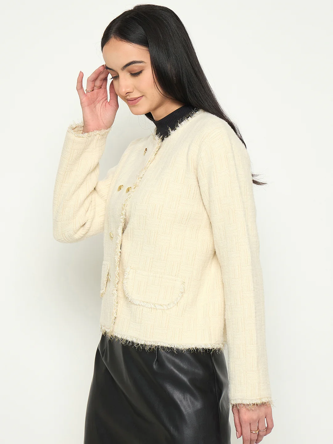 Madame White Cardigan with Buttons and front pockets - Image 5