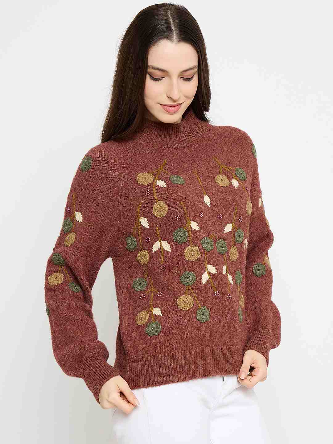Madame Floral Embroidered Brown Pullover Sweater - Image 4