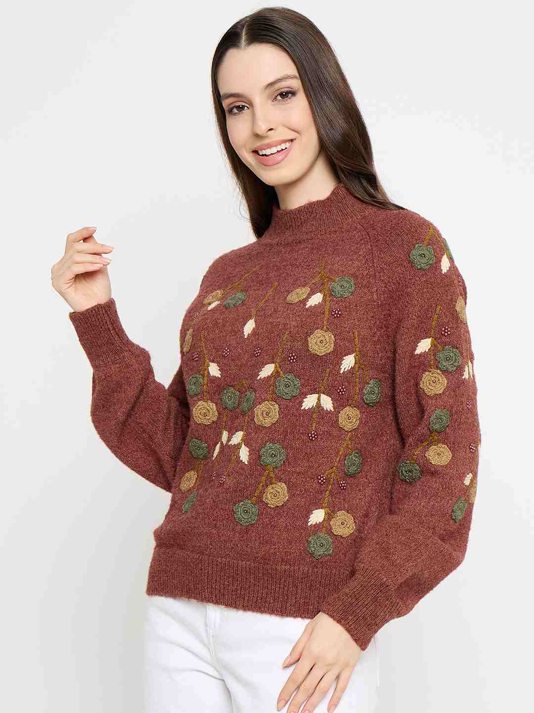 Madame Floral Embroidered Brown Pullover Sweater - Image 5