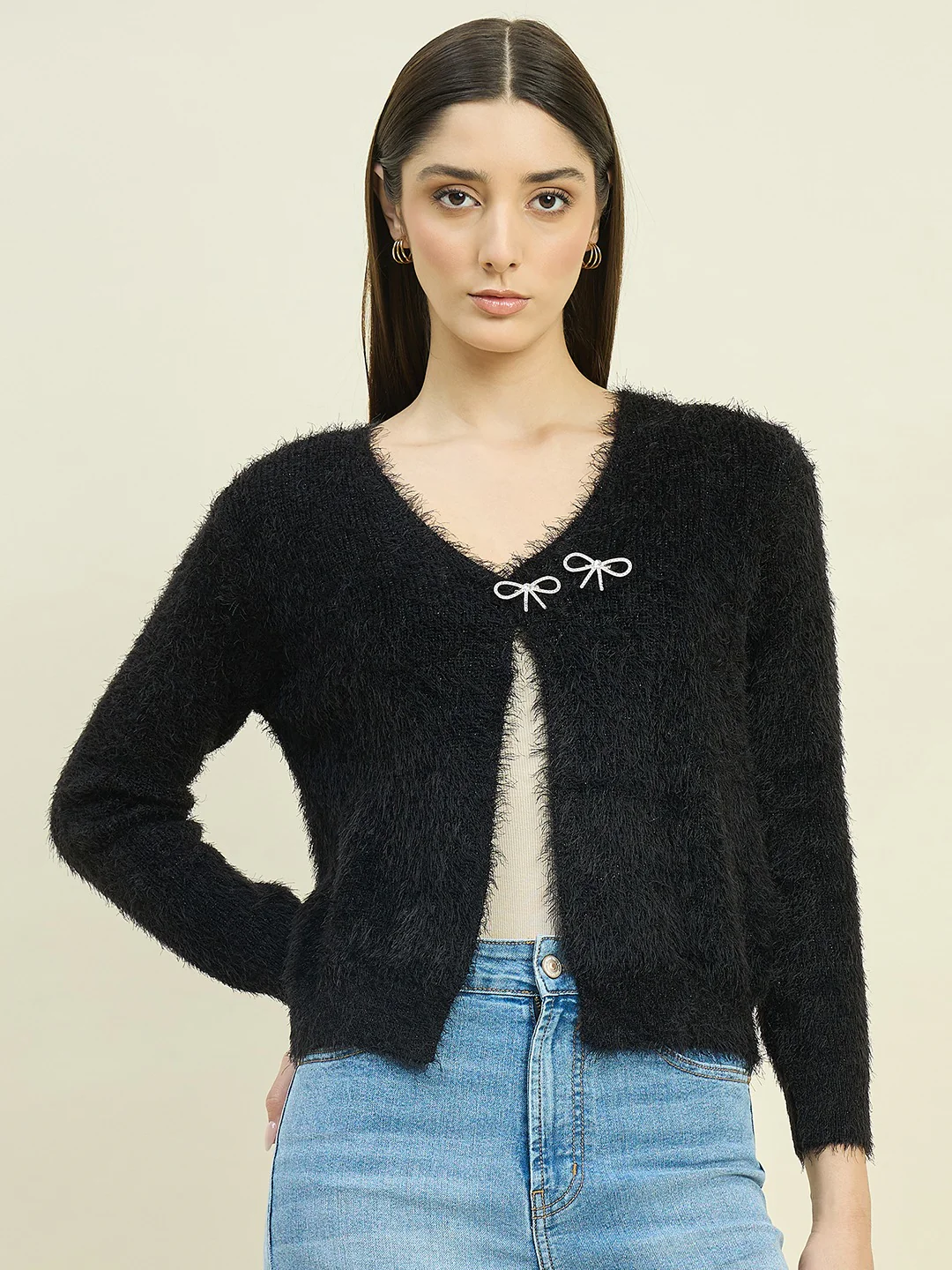 Madame Round Neck Embellished Button Black Shrug