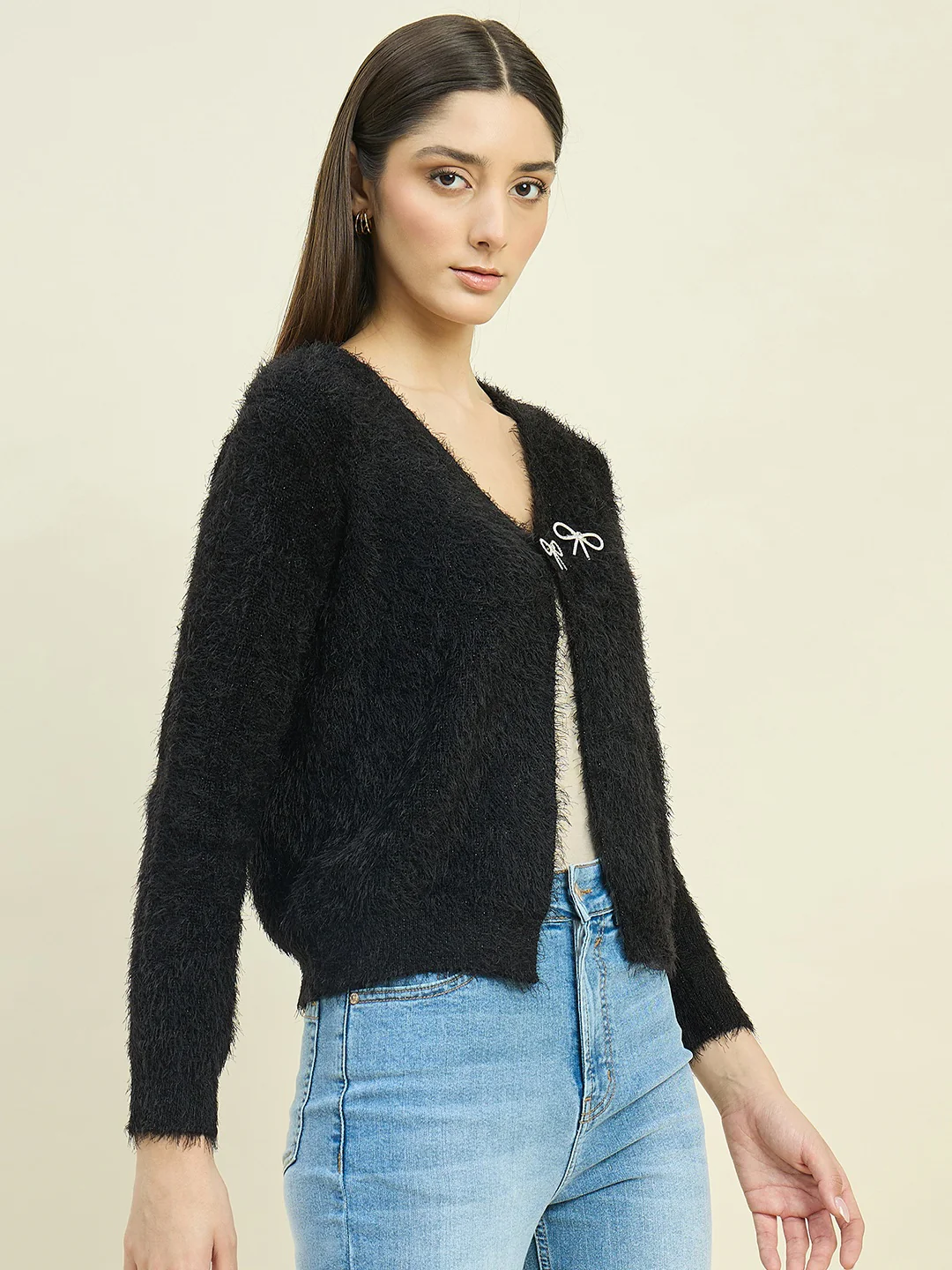 Madame Round Neck Embellished Button Black Shrug - Image 4