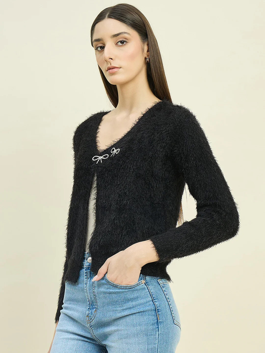 Madame Round Neck Embellished Button Black Shrug - Image 5
