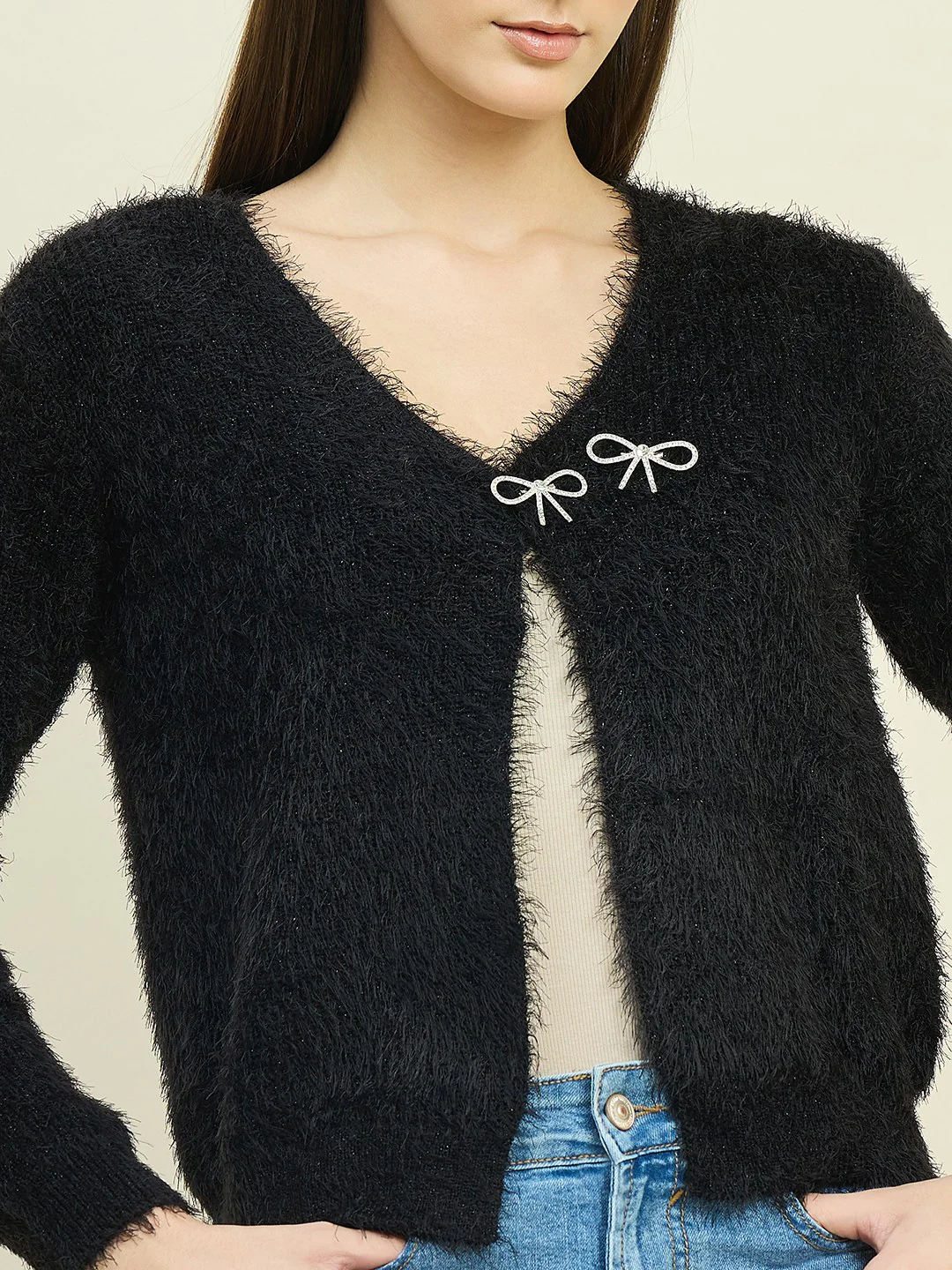 Madame Round Neck Embellished Button Black Shrug - Image 7
