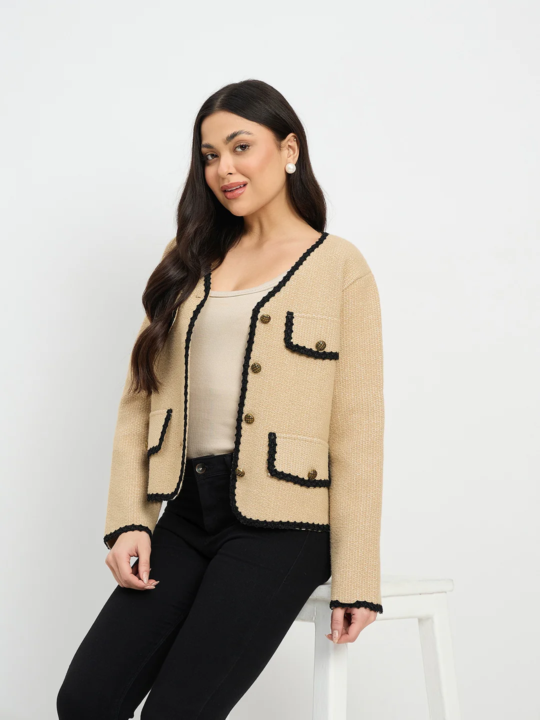 Madame Contrast Trim Brown Cardigan - Image 2