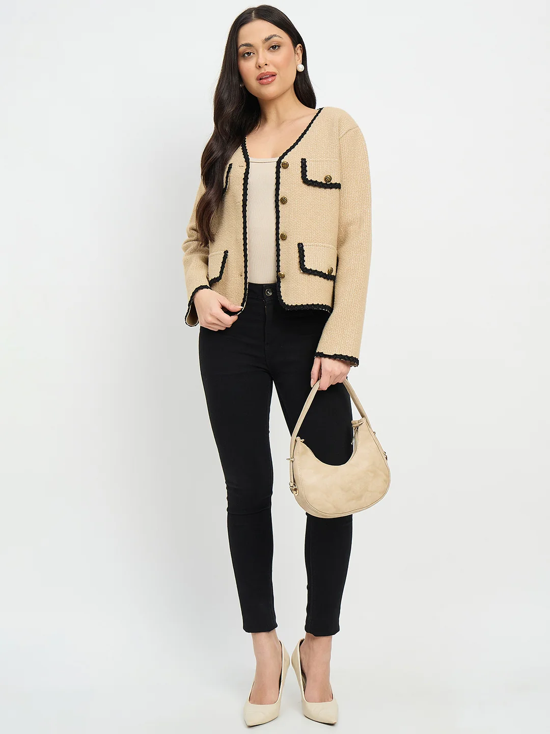Madame Contrast Trim Brown Cardigan - Image 3