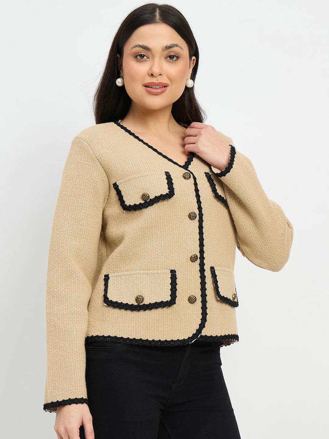 Madame Contrast Trim Brown Cardigan - Image 4