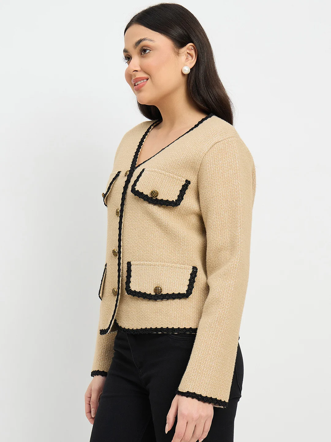 Madame Contrast Trim Brown Cardigan - Image 5