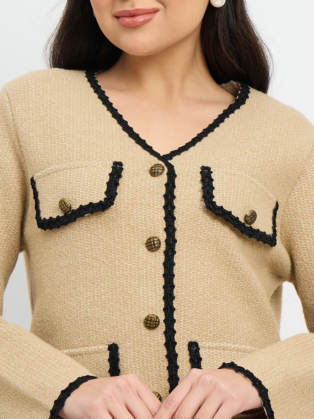 Madame Contrast Trim Brown Cardigan - Image 7