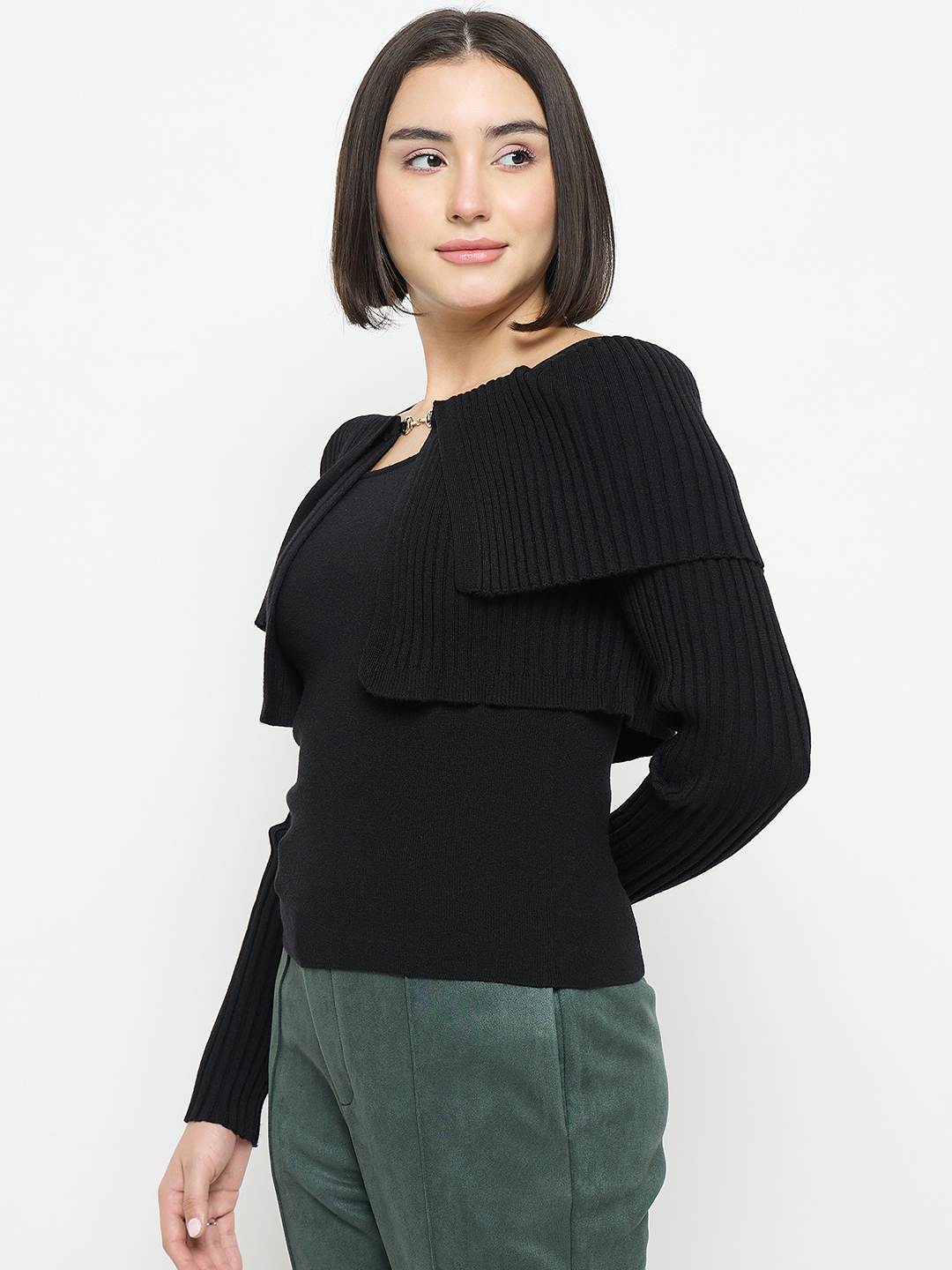 Madame Cami Neck Flutter Detailing Black Sweater - Image 5