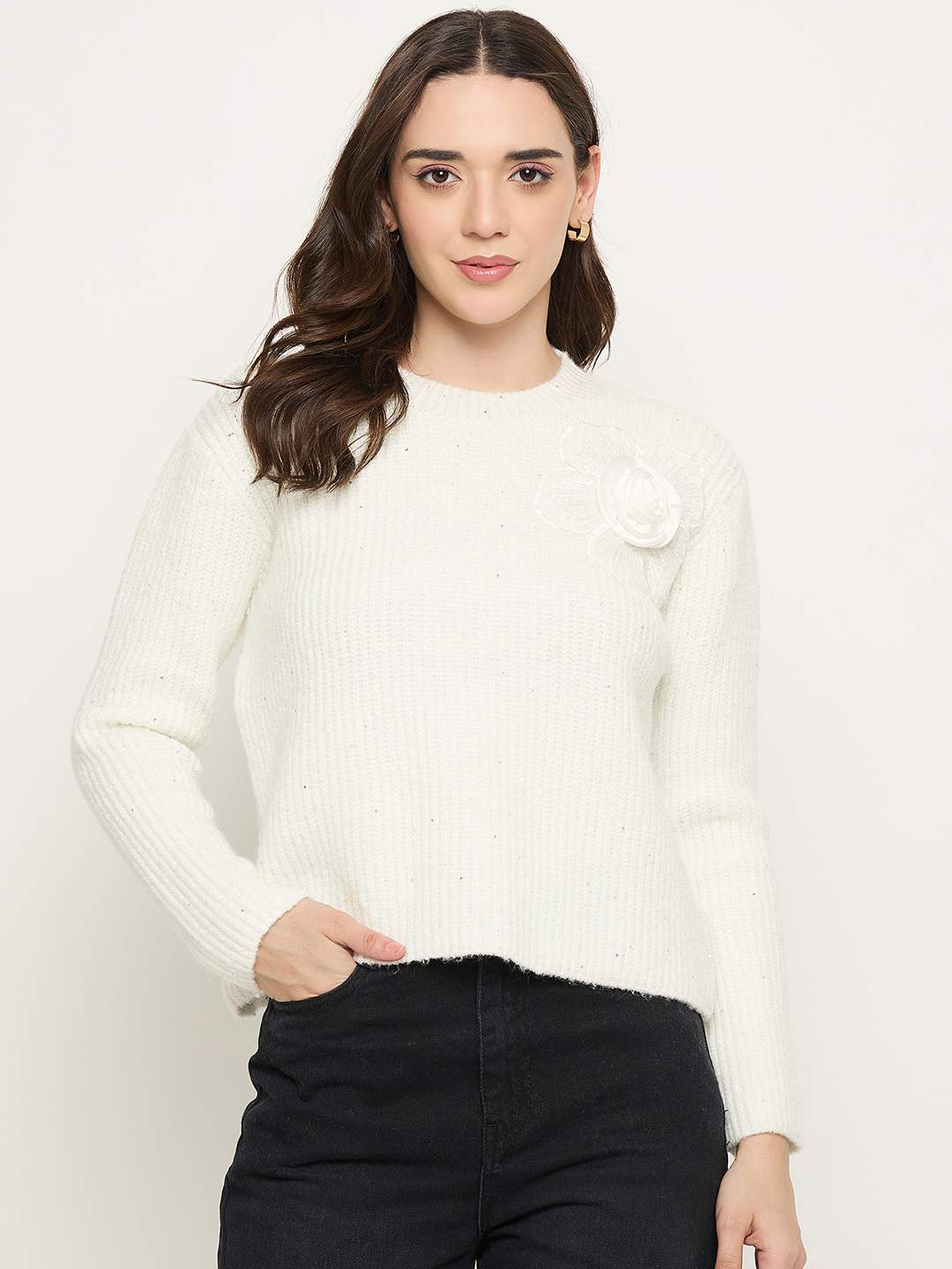 Madame Off White Solid Sweater - Image 3