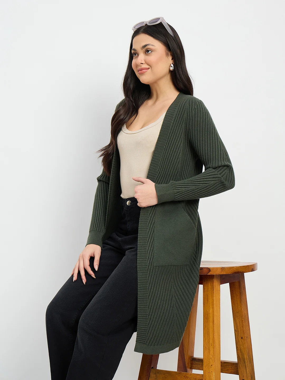 Madame Olive Green Knit Long Shrug - Image 2