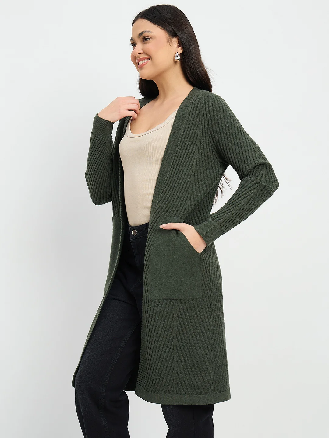 Madame Olive Green Knit Long Shrug - Image 5