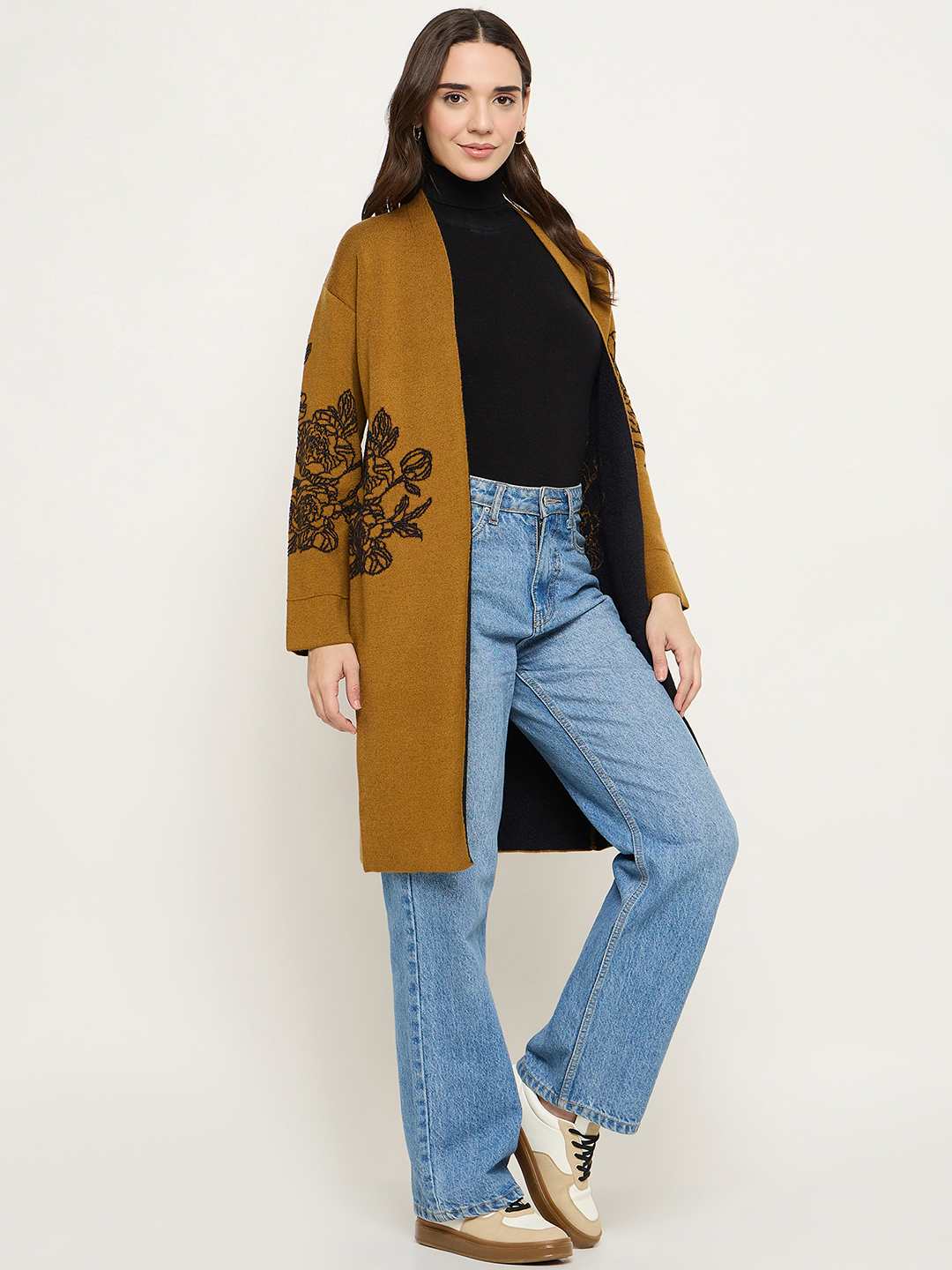 Madame Floral Print Tan Brown Open Long Shrug - Image 4