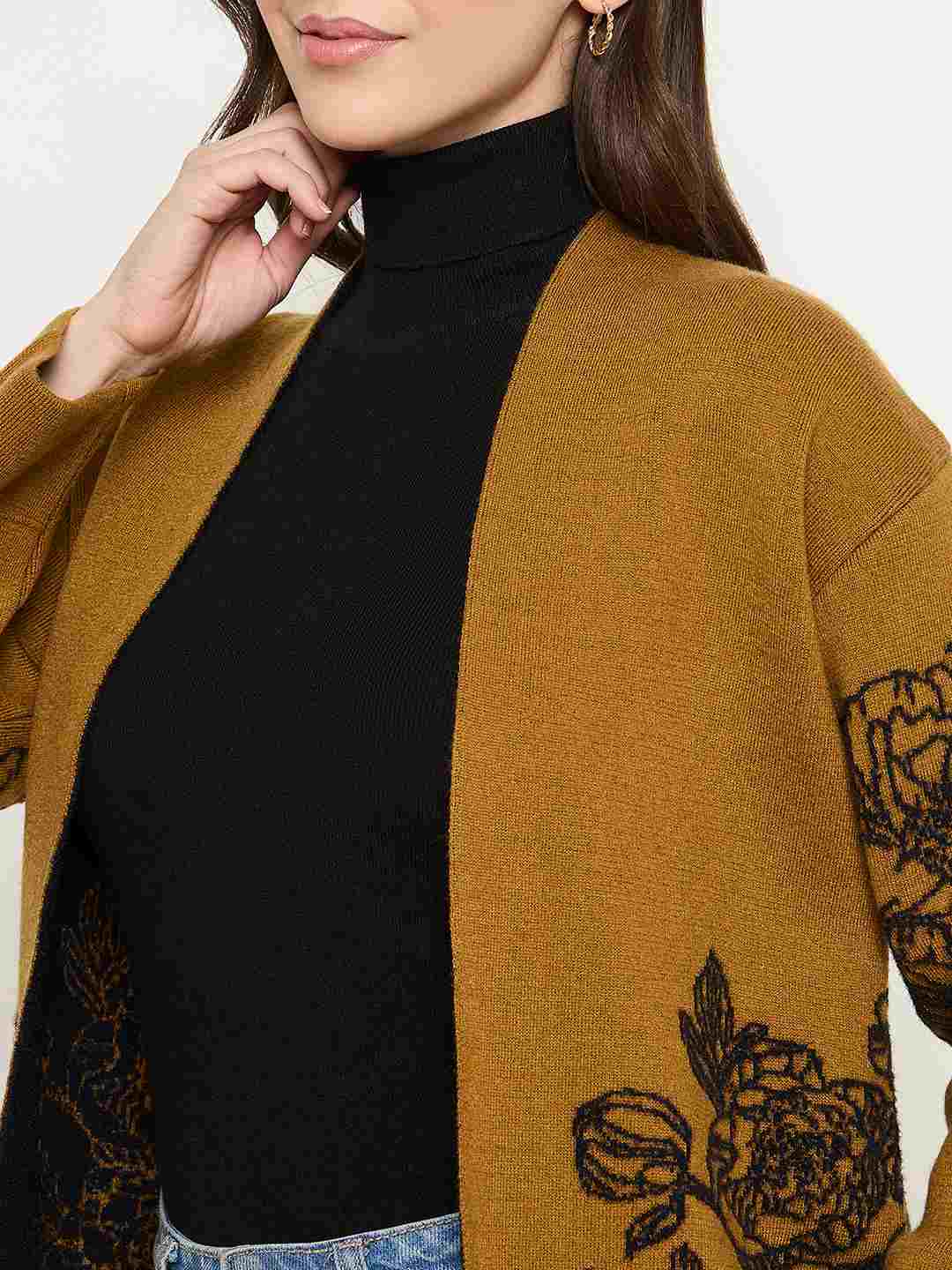 Madame Floral Print Tan Brown Open Long Shrug - Image 7