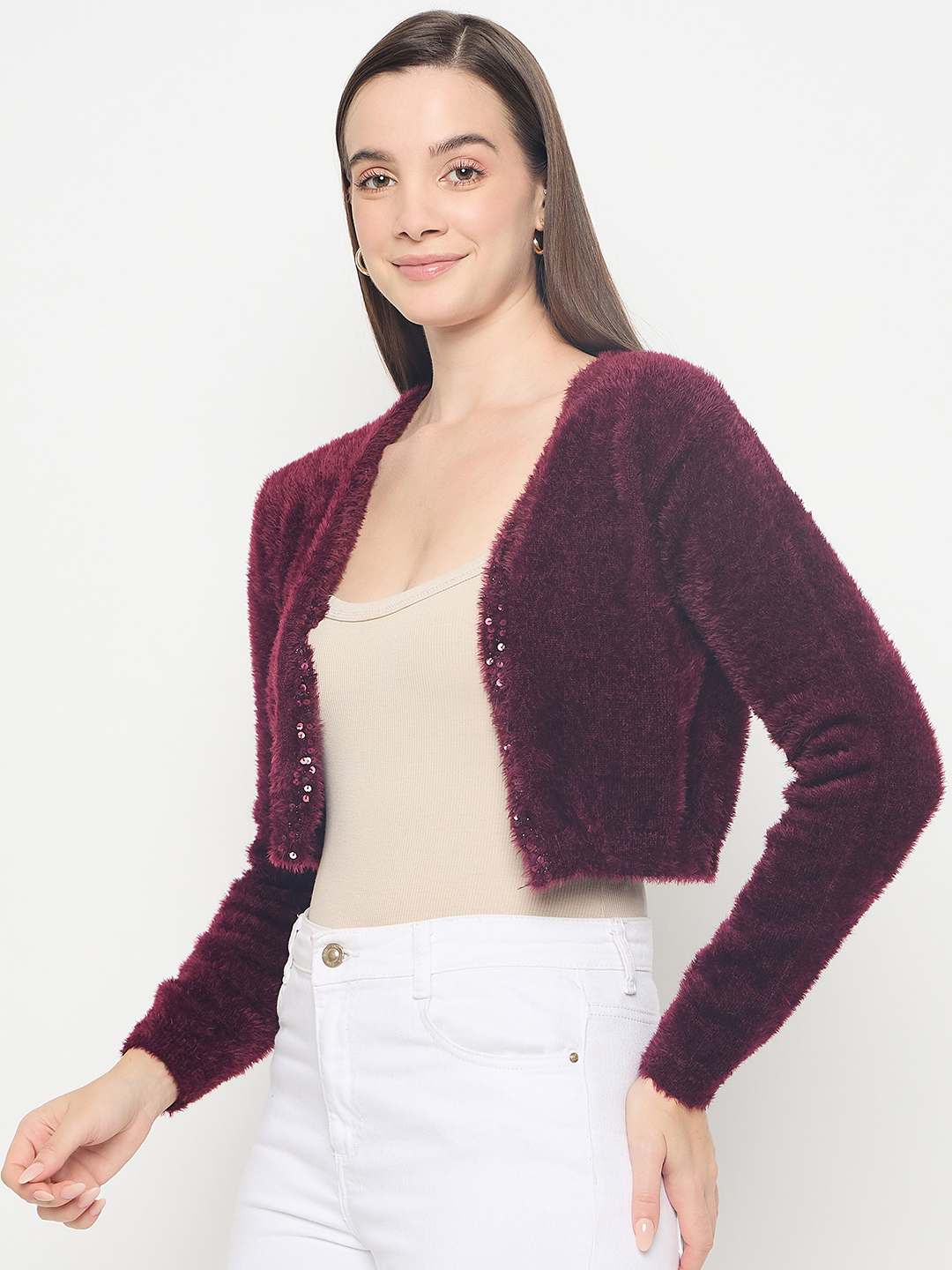 Madame Solid Wine Red Open Short Shrug - Image 5