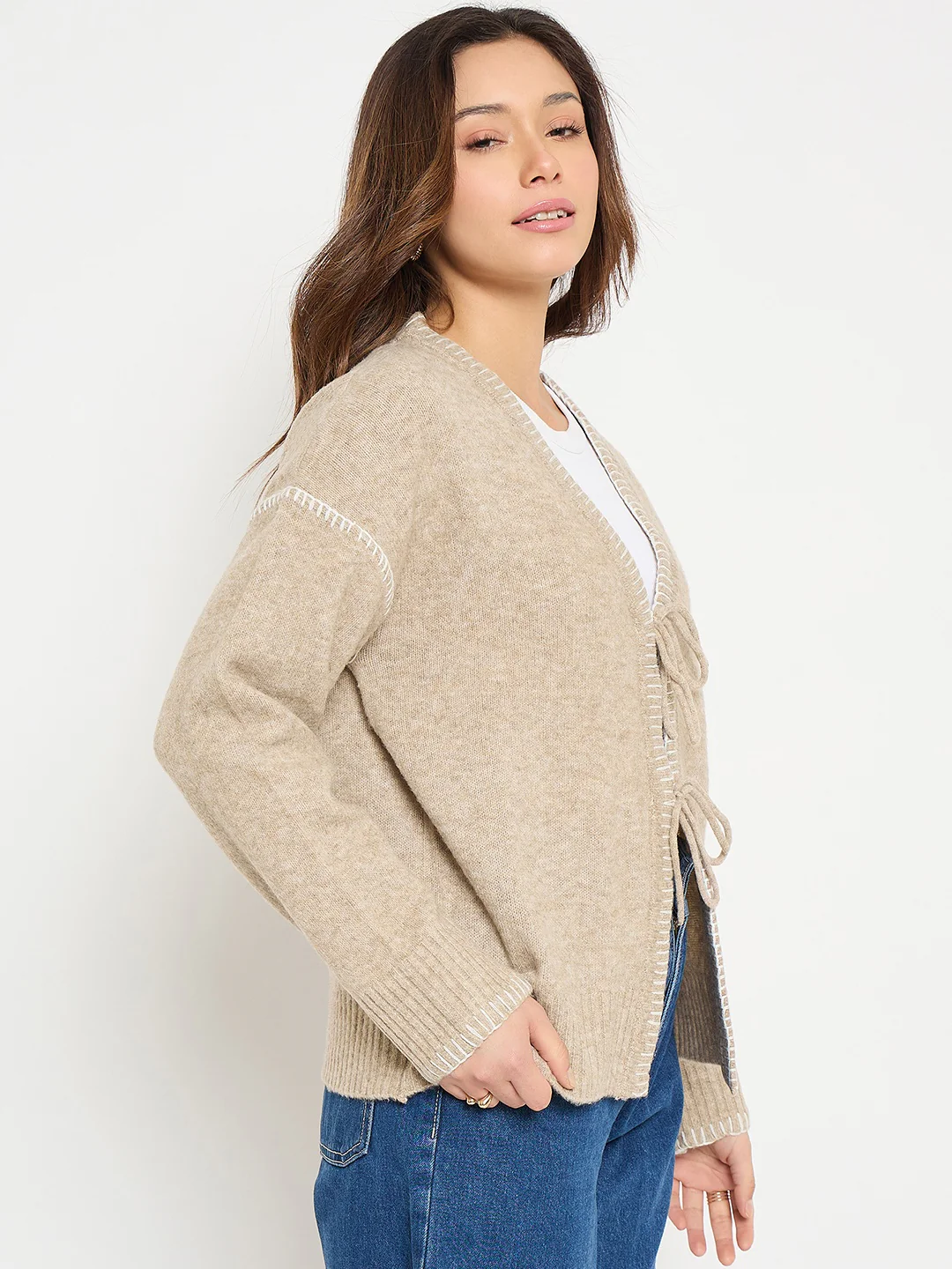 Madame Contrast Seams V Neck Sweater - Image 4