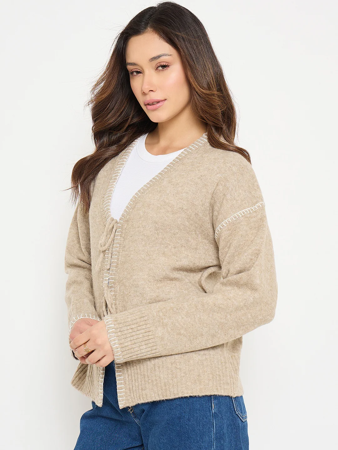 Madame Contrast Seams V Neck Sweater - Image 5