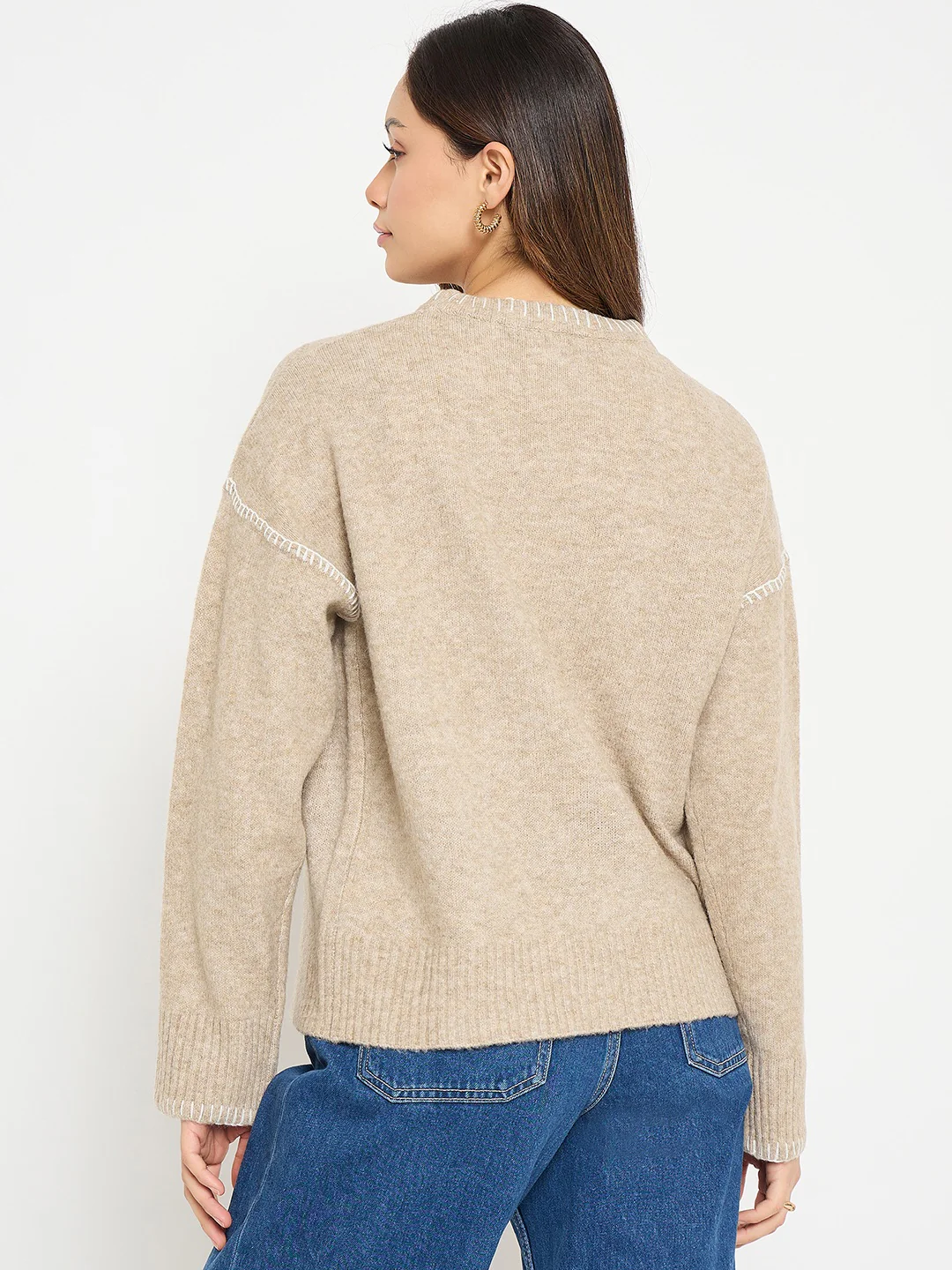 Madame Contrast Seams V Neck Sweater - Image 6