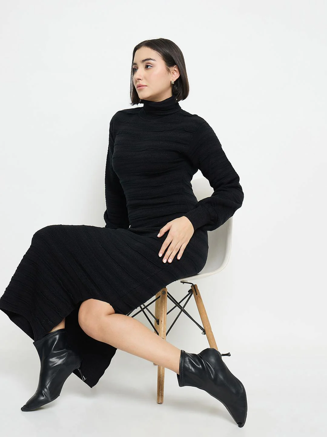 Madame High Neck Black Knitted Midi Dress - Image 3