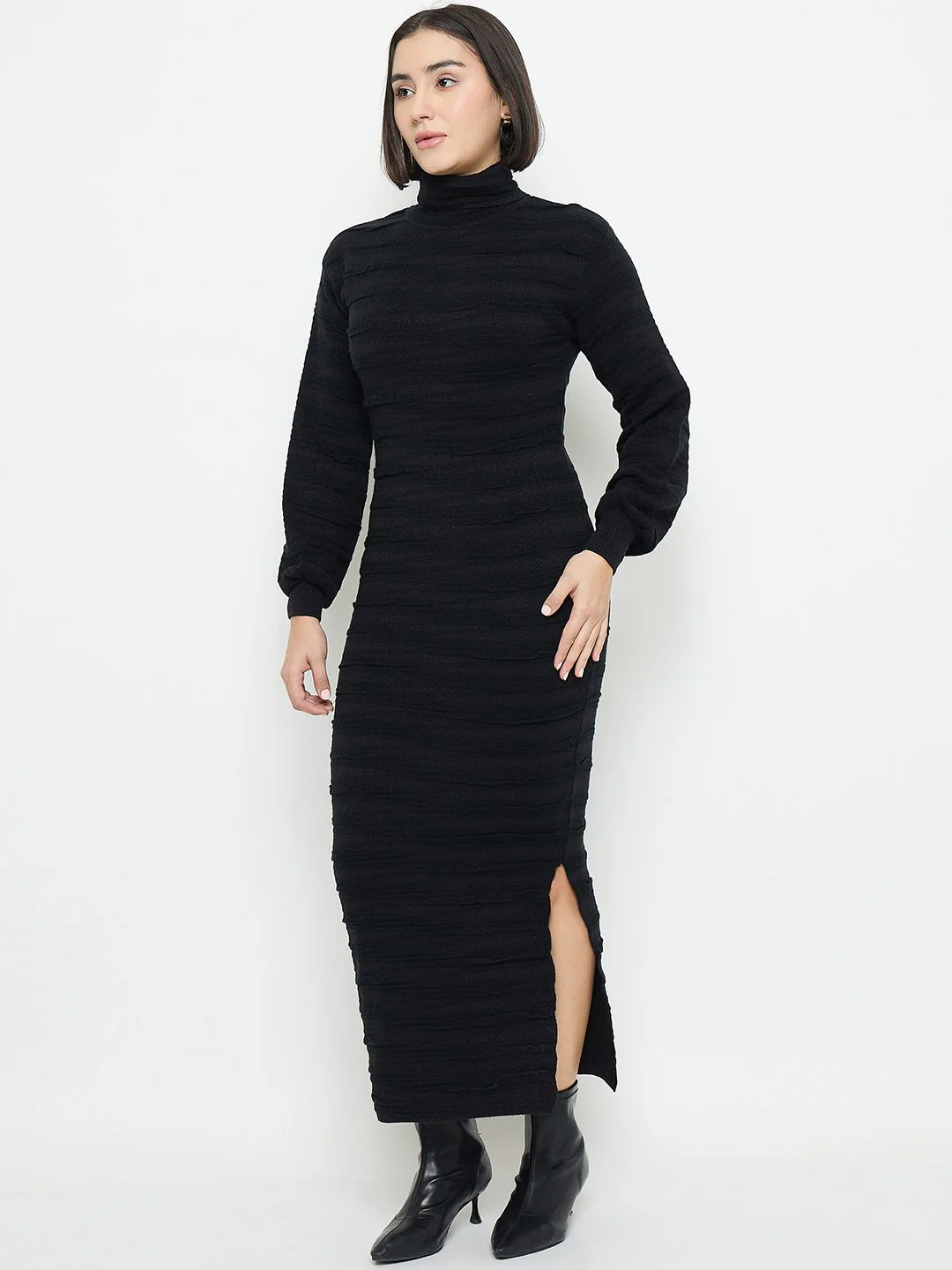 Madame High Neck Black Knitted Midi Dress - Image 6