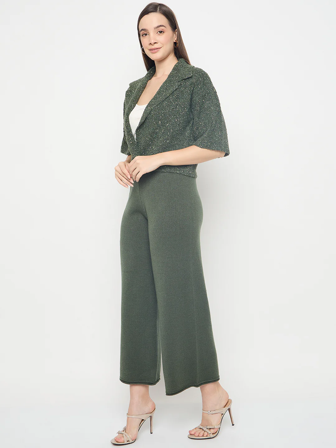 Madame Textured Coat with Solid Top and Bottoms Olive Green Co-ord Set - Image 5
