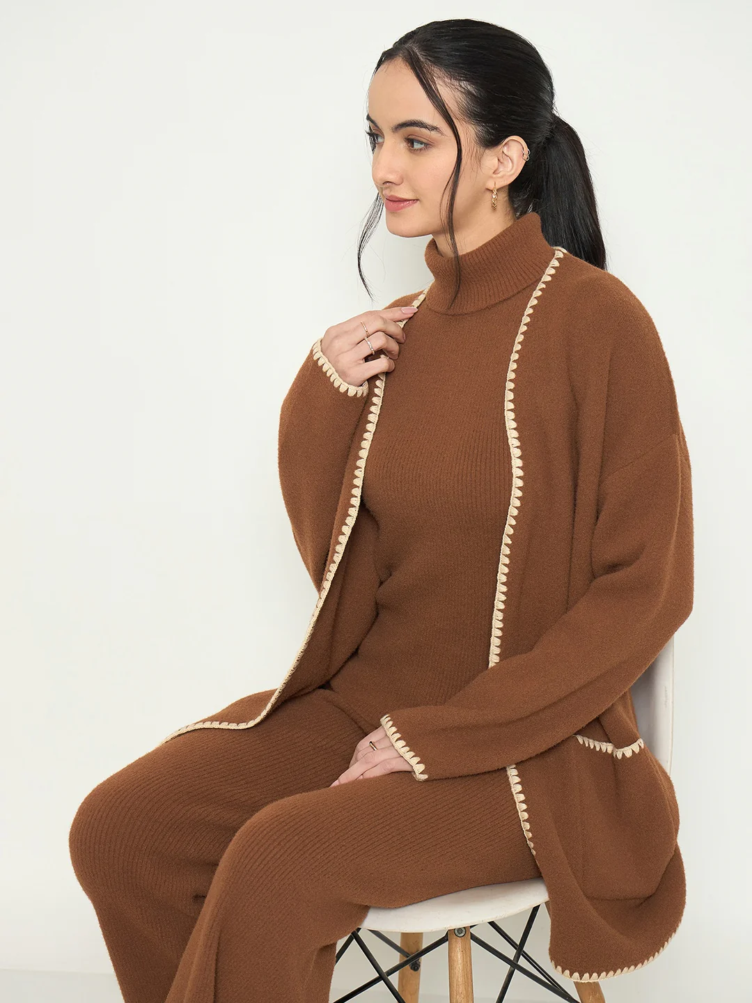 Madame Three Piece Solid Brown Knit Co-ord Set - Image 3
