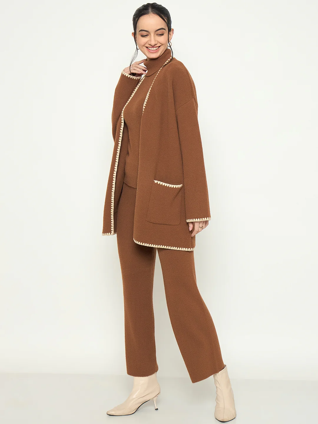 Madame Three Piece Solid Brown Knit Co-ord Set - Image 6