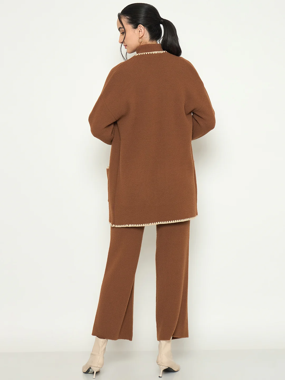 Madame Three Piece Solid Brown Knit Co-ord Set - Image 9