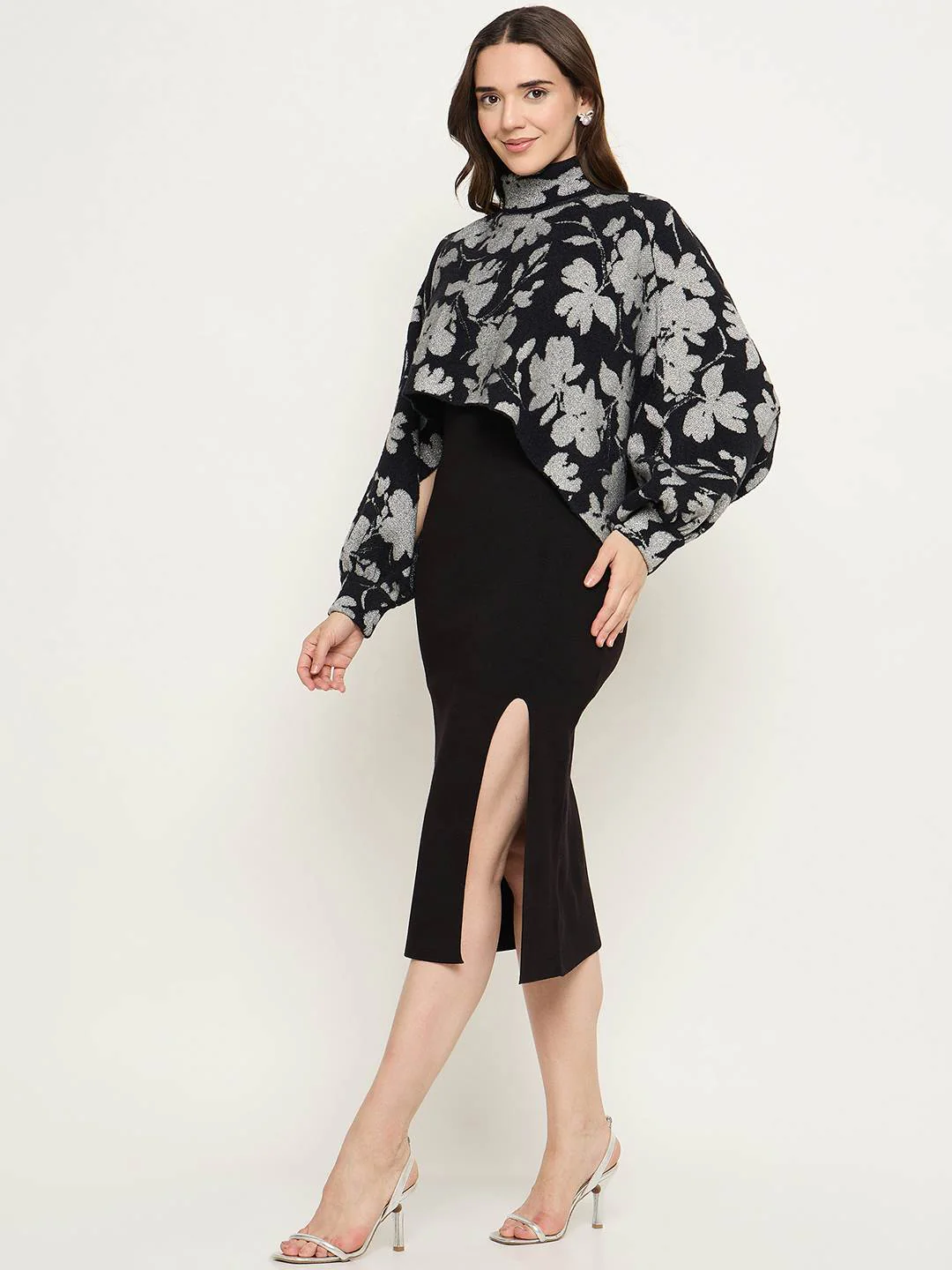 Madame Floral Print Sweater and Solid Dress Black Knitted Co-ord Set - Image 5