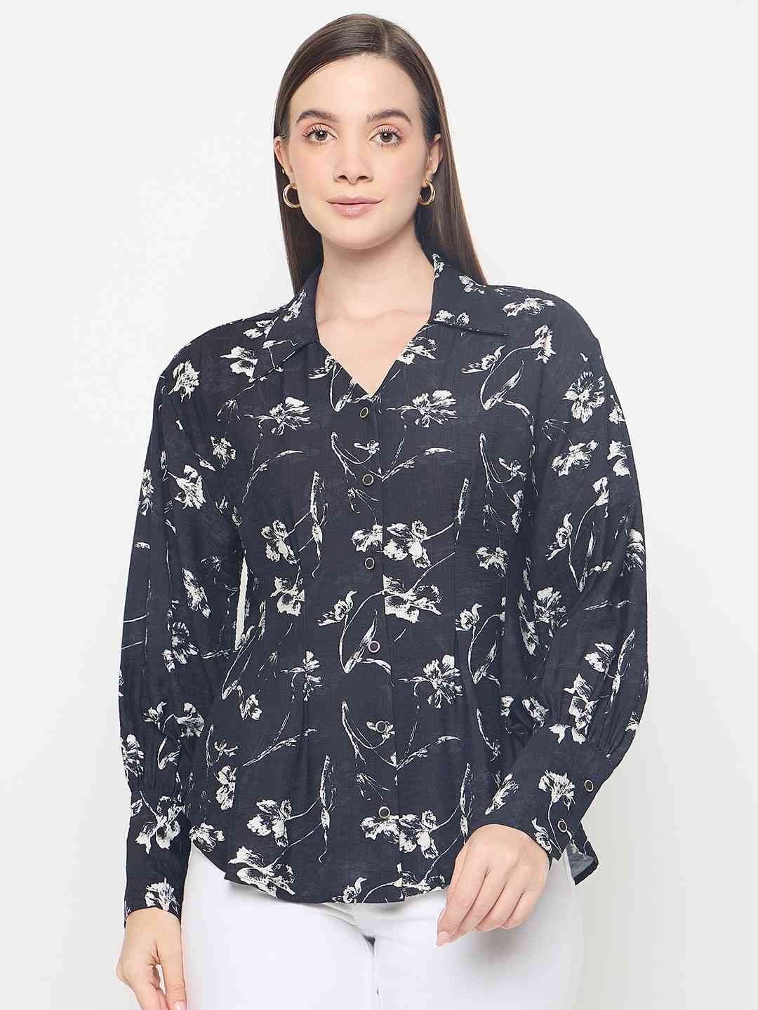 Madame Floral Print Pintuck Detailed Black Shirt - Image 3