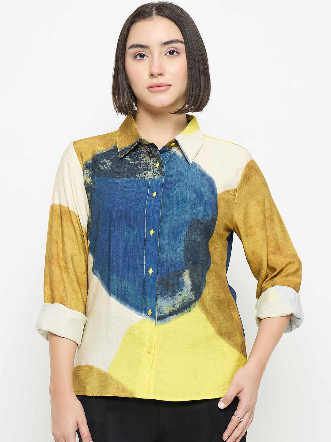 Madame Abstract Print Rayon Blend Beige Shirt - Image 3