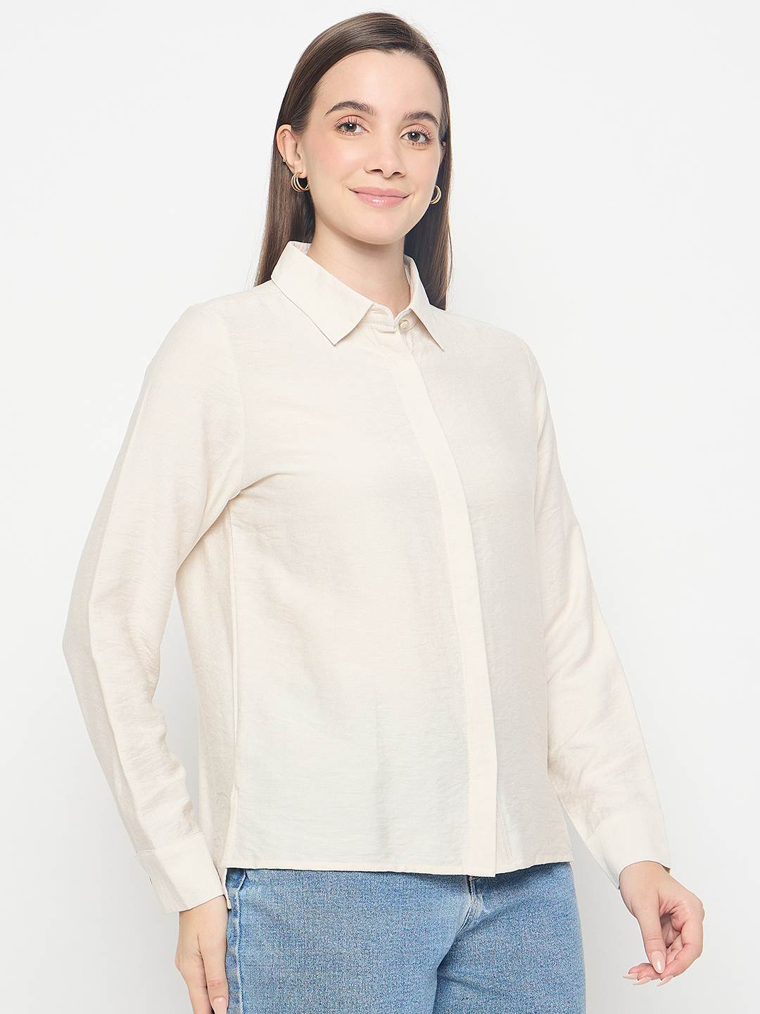Madame Rayon Blend Solid Beige Shirt - Image 4