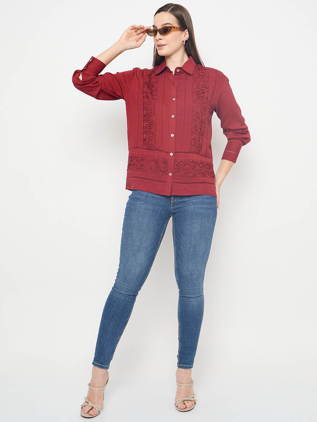 Madame Lace Detailed Rayon Blend Rosewood Shirt - Image 2