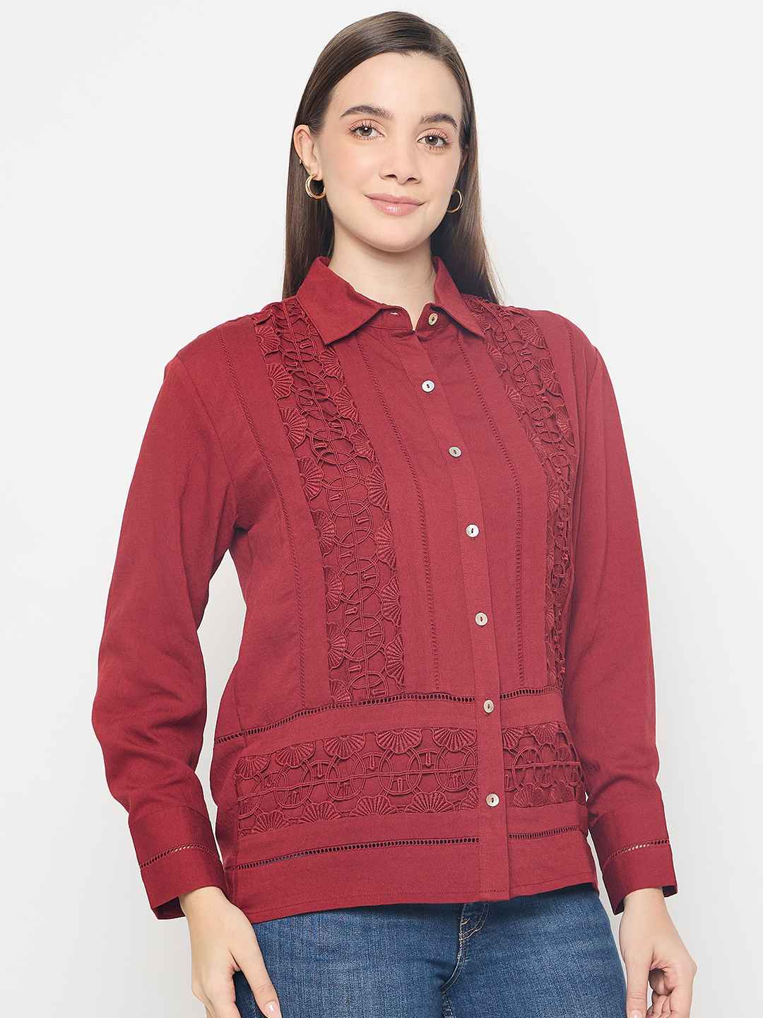 Madame Lace Detailed Rayon Blend Rosewood Shirt - Image 4