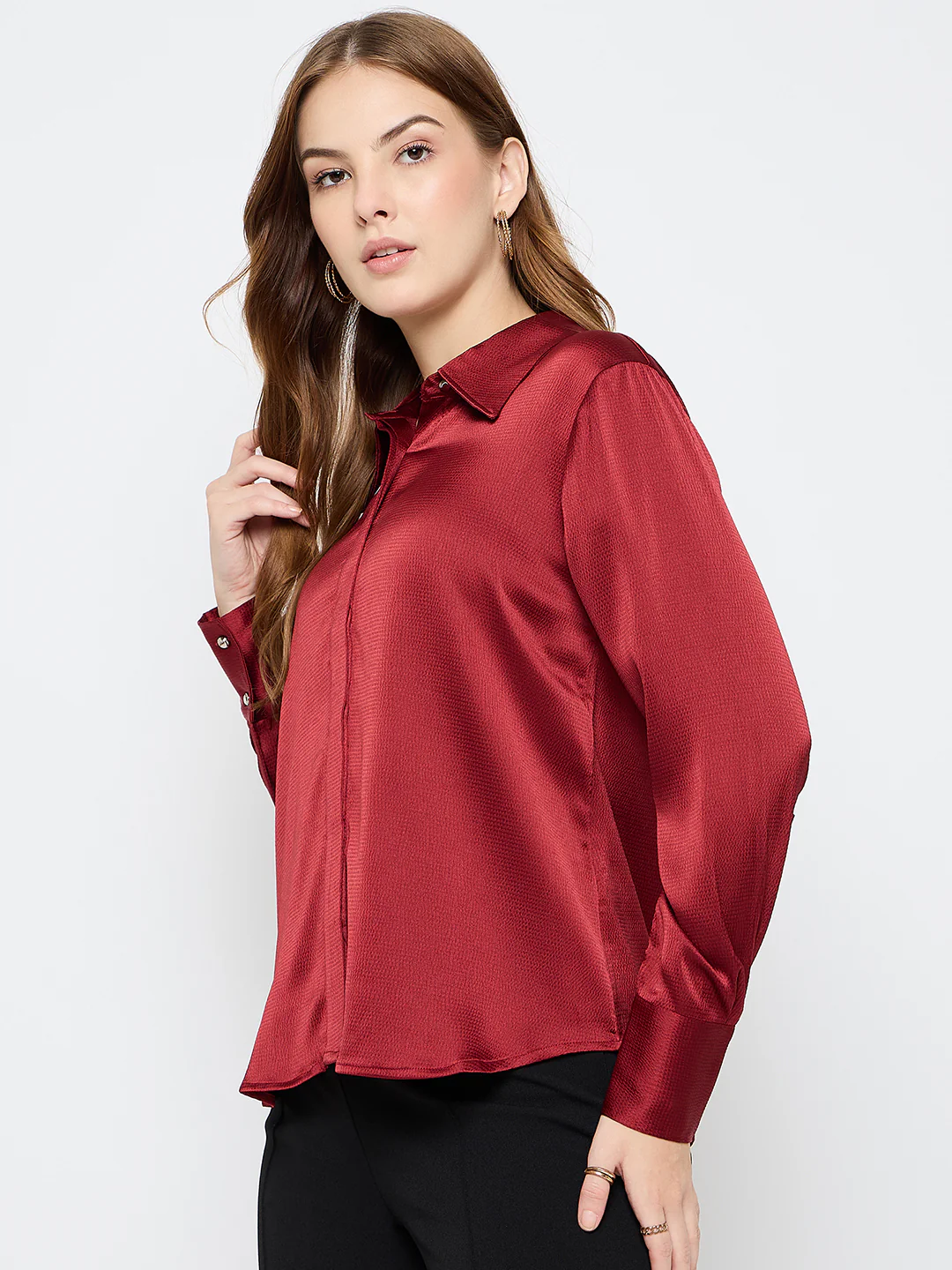 Madame Solid Red Satin Shirt - Image 5